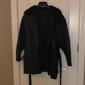 100% genuine leather zippered coat w/leather tie.